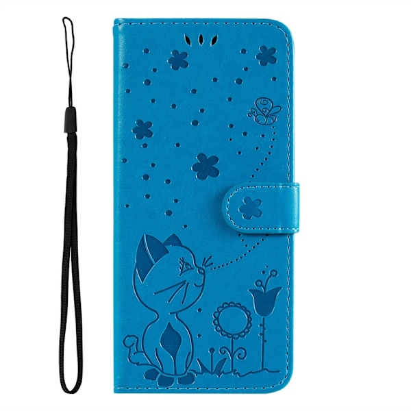 Etui til iPhone 16E blått preget katt og bie skinnpreget