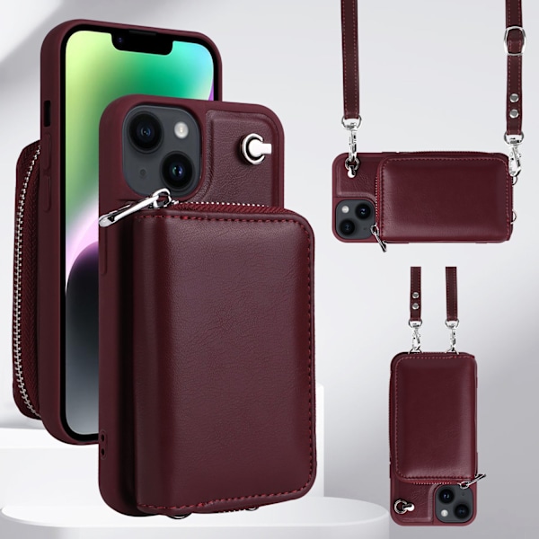 iPhone 13 -kotelo, viininpunainen crossbody, pudotussuoja, nahkainen korttipaikka