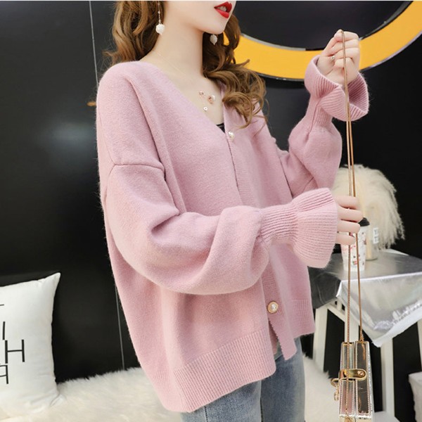 Kvinner strikkeplagg Høst Vinter Genser V-hals Idle Style Baggy Coat Flared Sleeve Cardigan Pink 57*96*48cm