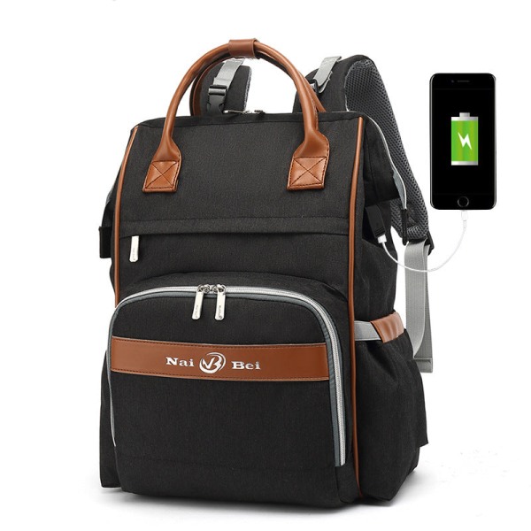 Vaippalaukut Äitilaukku Reppu Muoti Monitoiminen Suurikapasiteettinen USB portti black