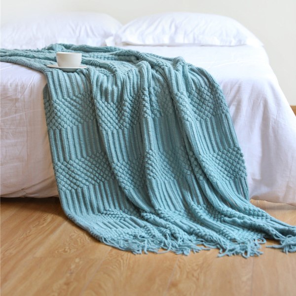 Nordic Sohva Peitto Sängyn juoksija Tupsu Huivi Peitto Cover Peitto B & B vuodepyyhe Neulottu peitto Lake Green 130*200cm＋10CM