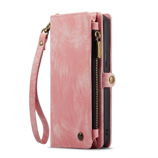 Fodral för iPhone 14 008 rosa läder multifunktionellt kortfack flip 2 i 1 blixtlåsväska
