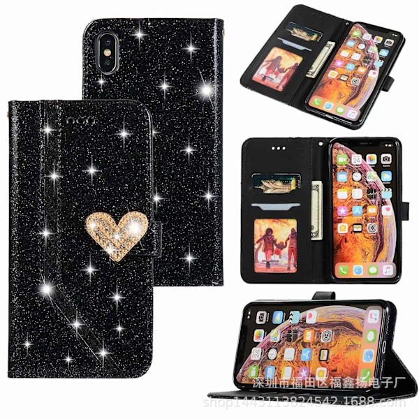 Kotelo iPhone 13 Pro Max -puhelimelle, musta sydän, glitteri, timantti, korttipaikka, lompakko, nahka