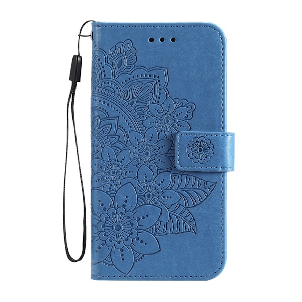 Fodral för iPhone 13 Pro blå sju kronblad präglat läder sju blommor