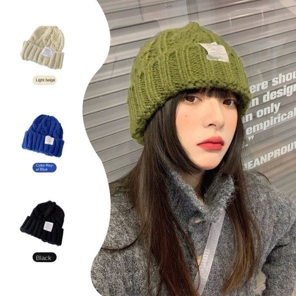 Varm vinter stickad mössa i ren färg japansk ull dam koreansk stil hörselskydd unisex Coarse knitted woolen cap-Green M（56-58cm）