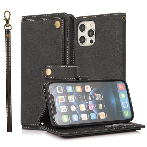 Etui til iPhone 14 sort drømmende multi cap læder crossbody anti fald pung