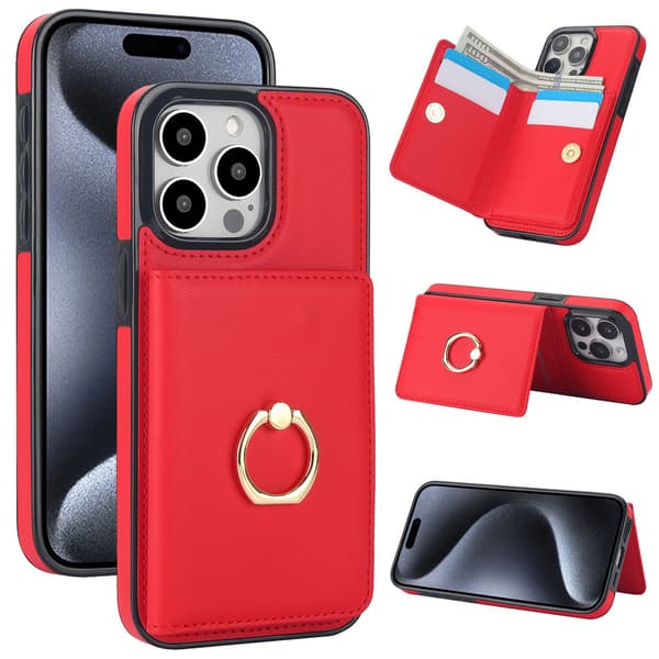 Fodral för iPhone15PLUS röd kortplats ring plånbok ve läder