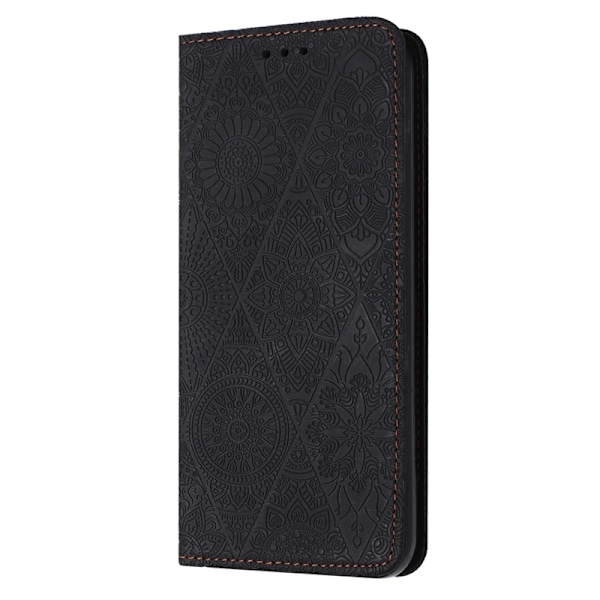 Etui til iPhone15Pro sort etnisk stil præget dobbelt suge læder retro præget dobbelt kort