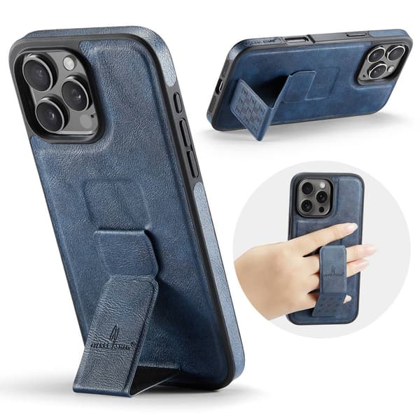 Etui til iPhone 15 Plus 029 blå håndleddsrem skinn magnetisk bakside stativ