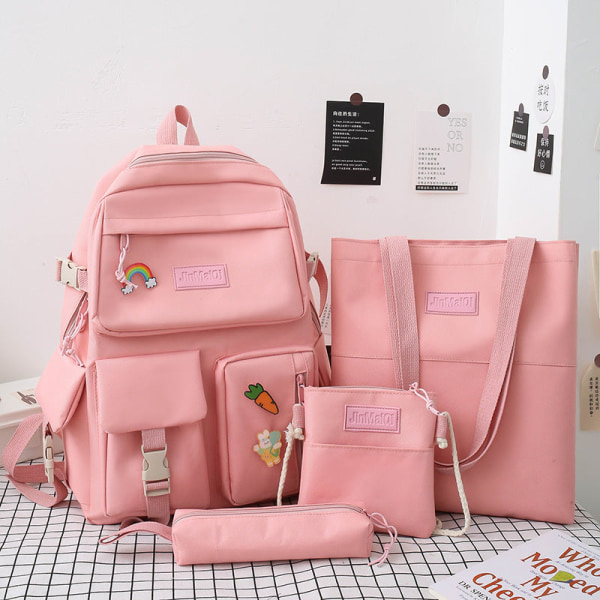 1 stk skoleelev ryggsekk College boksekk reiseveske firedelt sett jente multi-lomme stor kapasitet Pink single bag