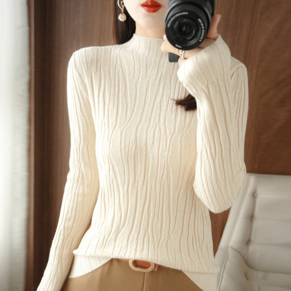 Kvinder strik efterår vinter sweater bundskjorte halv rullekrave slim fit mode indre match Beige M