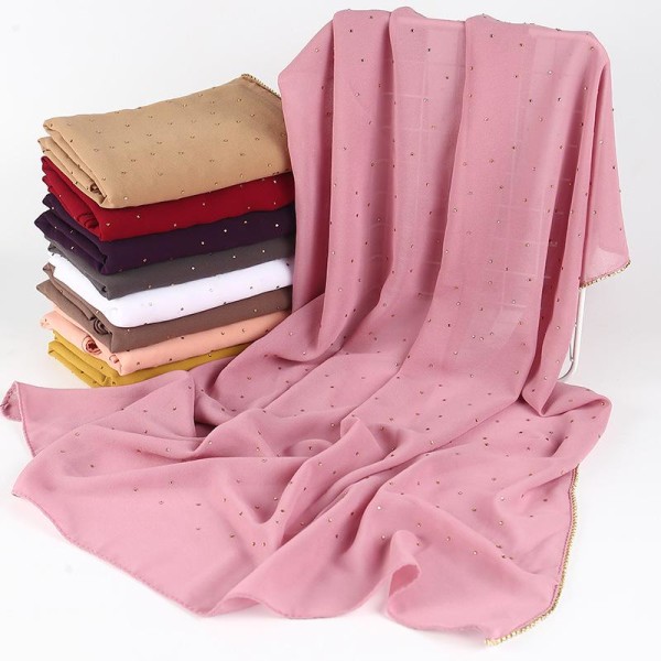 Fashion Pearl Chiffong Lady Lång Scarf Hijab Muslim Lady Hat Sjal Turban Turkish Scarf Like the picture 14