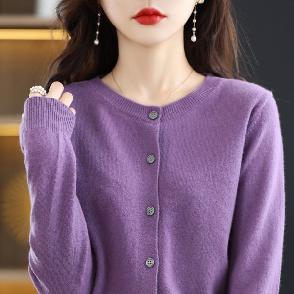 Damestrik efterår vinter sweater rund hals enkeltradet solid udendørs kernegarn cardigan Purple M