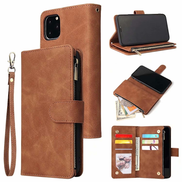 Etui til iPhone 16PLUS brun læderfølelse multi carat lynlåstaske ve tegnebog stil