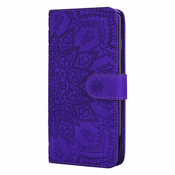Etui til iPhone 16 lilla præget solsikke læderetui dobbelt foldet kant retro palads blomster emb