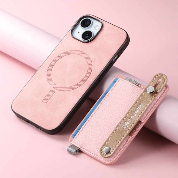 Etui til iPhone 15 Plus pink magnetisk kortholder og pung