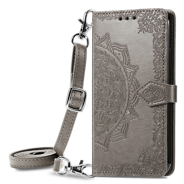 Fodral för iPhone 13ProMax grå mandala läder lång crossbody lanyard präglad