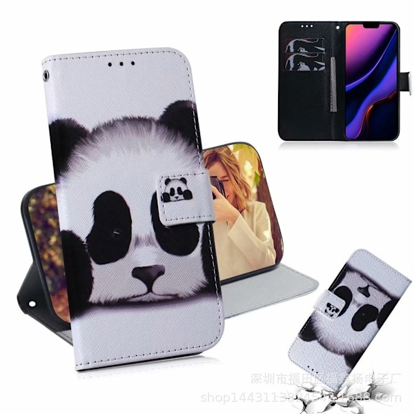 Kotelo iPhone 13:lle, panda- ja tiikeriprinttikuvio, korttipaikka, nahkaa