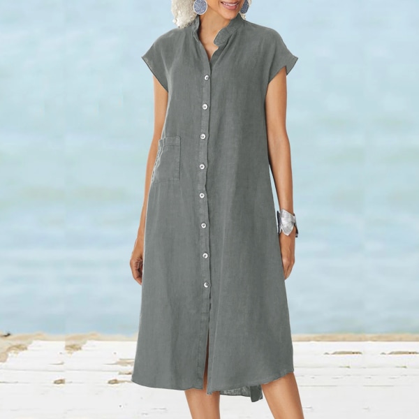 Tatting Cardigan Stand Collar Enkelknäppt bomull och linne Pocket Dress Slip Dress Dark Blue L