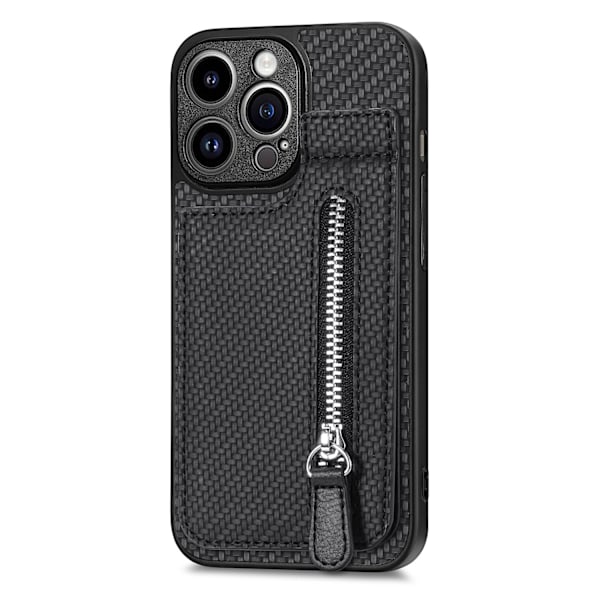 Kotelo iPhone 13 Pro Max -puhelimelle, musta, monitoiminen korttipaikka, lompakko, jalusta, vetoketju, magneettinen imu