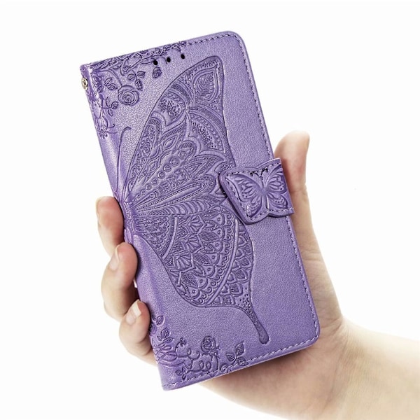 Etui til iPhone 14 lys lilla 3D blomst sommerfugl læder præget