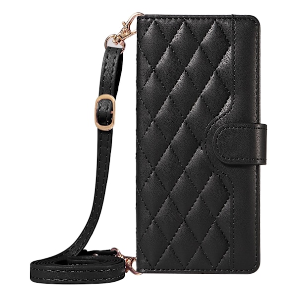 Etui til iPhone 14 Plus/15plus sort lang snor ins crossbody kortholder solid diamant