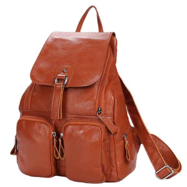 Kvinner jente ryggsekk skulderveske skolesekk Skinn First Layer Cowhide Bag Multi-Pocket Light Brown