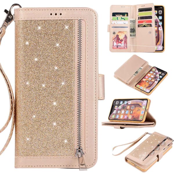 Etui til Samsung A750 gull Glitter Multi-Function Glidelås Lommebok