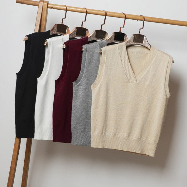 Kvinder Strik Efterår Vinter Sweater V-hals Pullover Vest Jakke Top Ærmeløs Yderbeklædning Tynd White XL