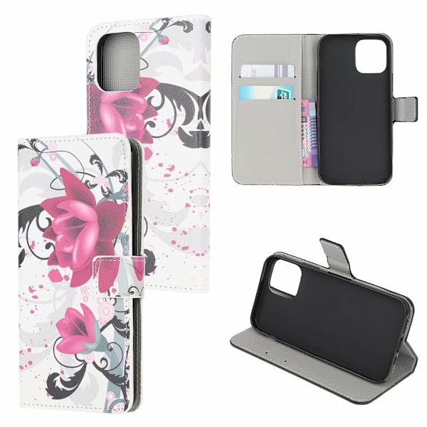Etui til iPhone 13 Pro Max Lotus malet læder kortholder pung print