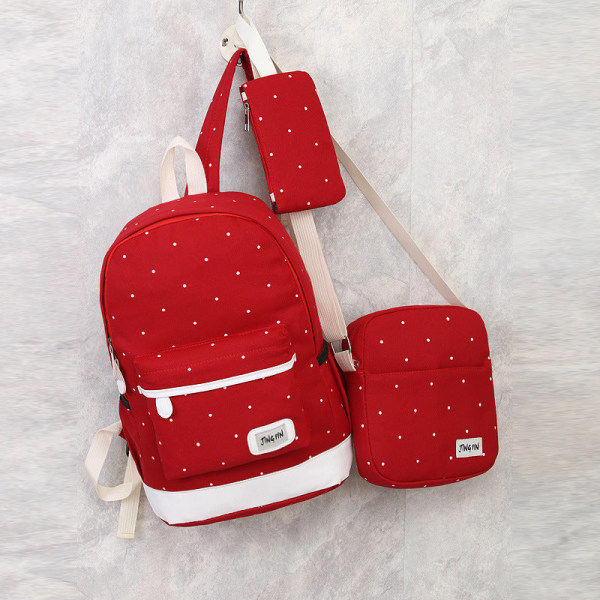 School Student Backpack College Bookbag Travel Bag Canvas College Style Polka Dot Three-Piece Set Red