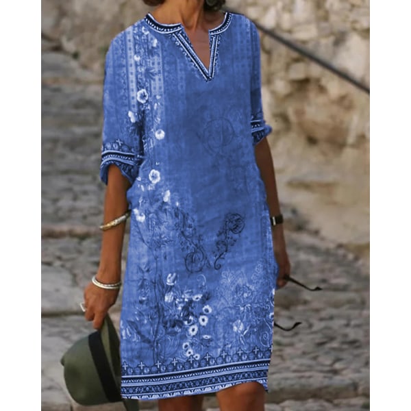 Etnisk print afslappet kjole med V-hals Blue 5XL
