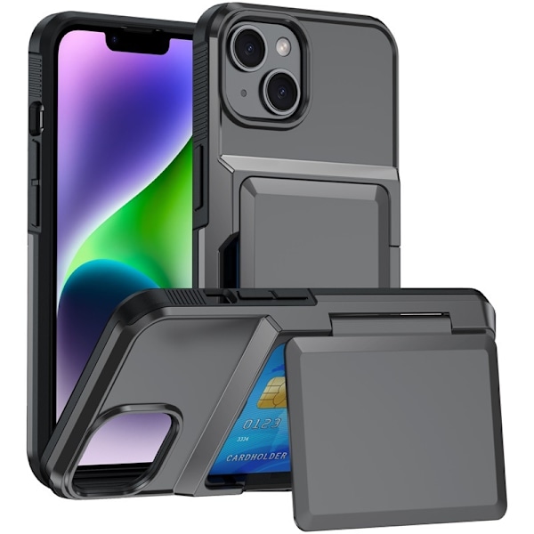 Etui til iPhone 15 6.1 grå kortholder to i en flip wallet anti-fald