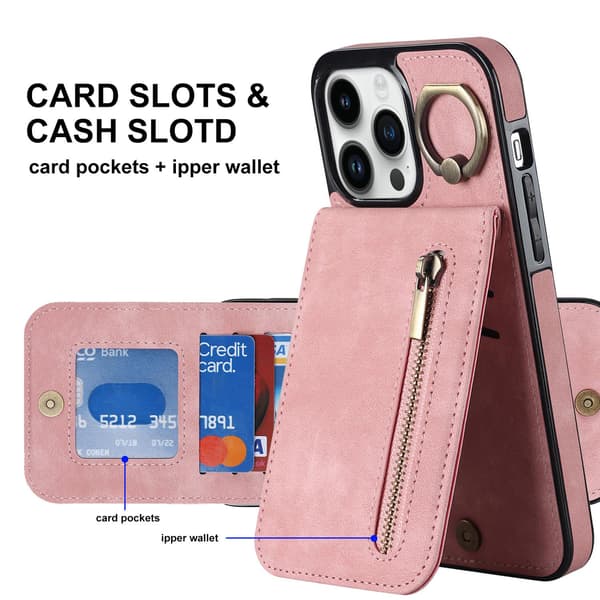 Etui til iPhone 13 Pro Max 6.7 pink lynlås multifunktionelt læder