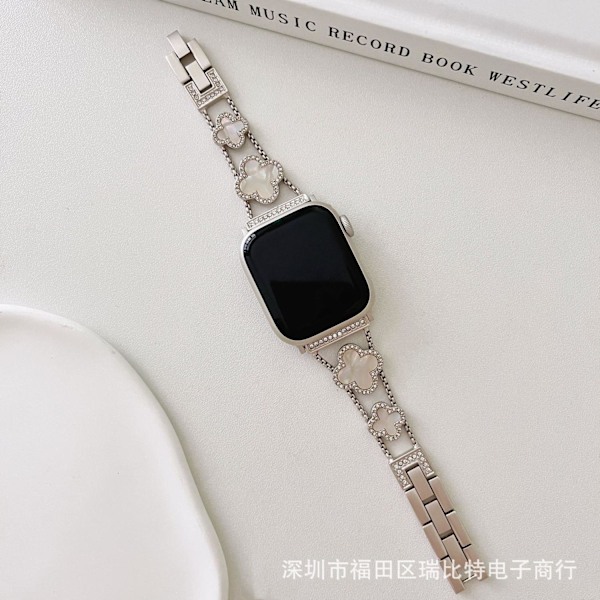 Urrem til Apple Watch iWatch 1/2/3 generation 42mm/44/45/46/49mm universal med diamant firkløver hvid perlemor