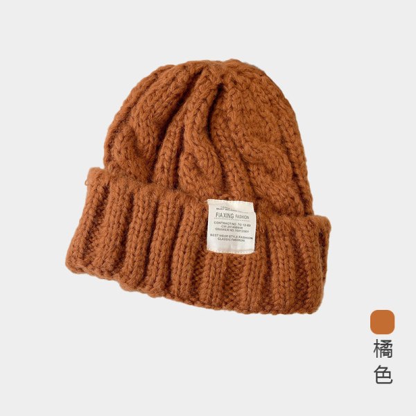 Varm vinter stickad mössa i ren färg japansk ull dam koreansk stil hörselskydd unisex Coarse knitted woolen cap-Orange M（56-58cm）