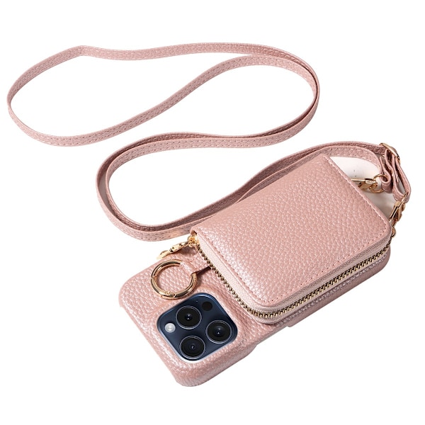 Fodral för iPhone15 roséguld läder crossbody dragspels myntväska i lager