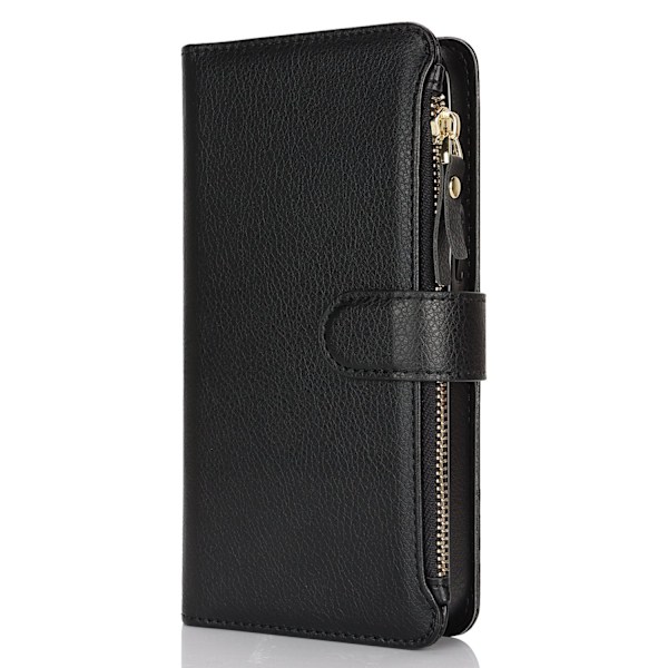 Etui til iPhone 14 Pro Max sort multifunktionel solid lynlås håndledstaske pung multi kort læder