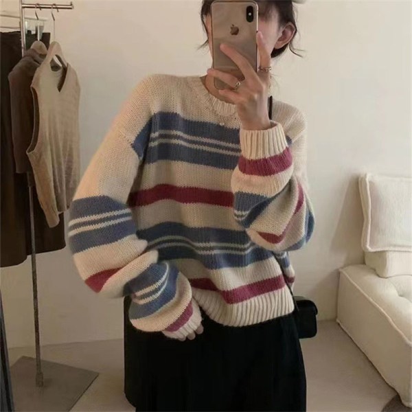 Kvinder Strik Efterår Vinter Sweater Vintage Stribet Pullover Løs Blød klæbende rund hals Gray 61*115*49cm