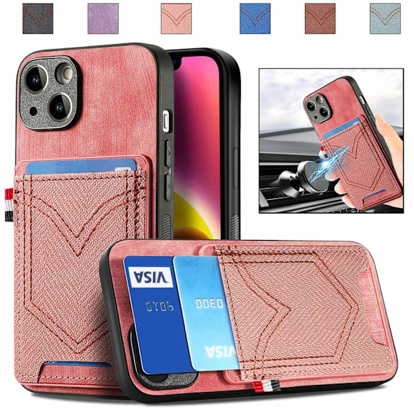 Etui til iPhone 14 Plus, pink læder, kortholder, denimtekstur, slot