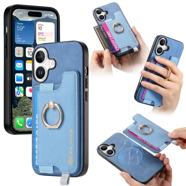 Etui til iPhone 14 Pro, blå magnetisk kortholder, almindeligt læder