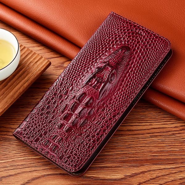 Etui til iPhone 14 Pro Alligator Head Vinrød Lær Flip