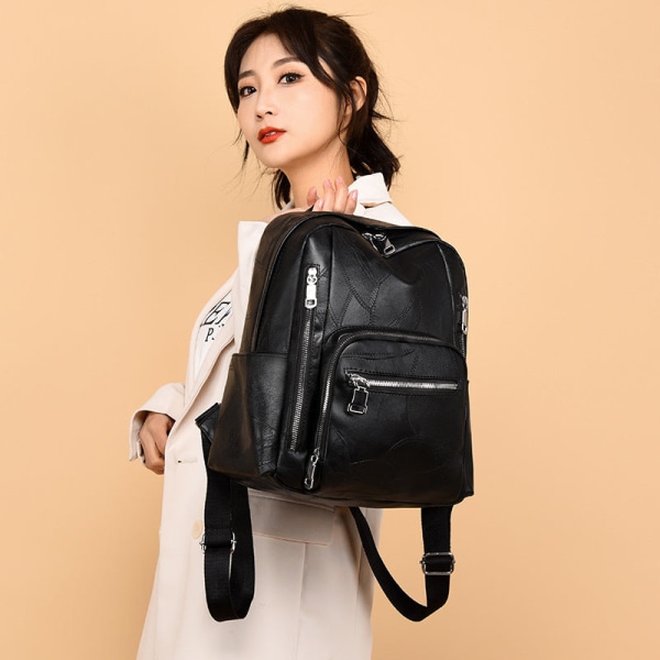 Ryggsekk Koreansk stil Enkel Trendy Veske Mykt skinn Uformelt Mote Reise Skolesekk med stor kapasitet Black