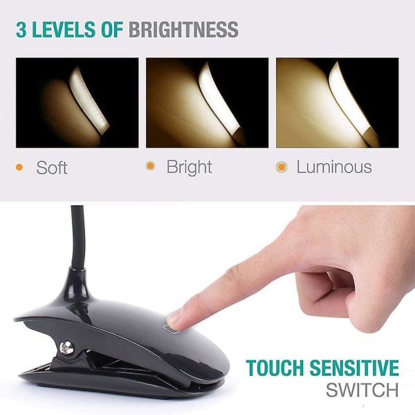 Sort Led Clamp Lampe Touch Sensor Bok Lampe Usb Oppladbar Lam