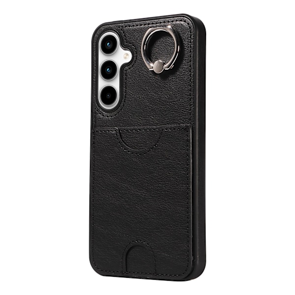 Fodral för iPhone 14Pro svart kalvnarvsstruktur kortplats fingerring spänne läder kalvbälte