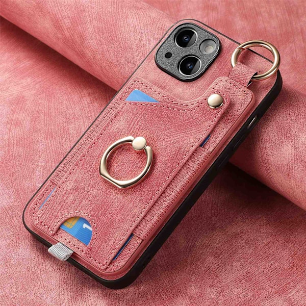 Fodral för iPhone 13 rosa korthållare fingerring spänne PU-läder