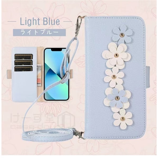 Fodral för iPhone15 blå ny stil blomma lång snodd läder anti fall flip