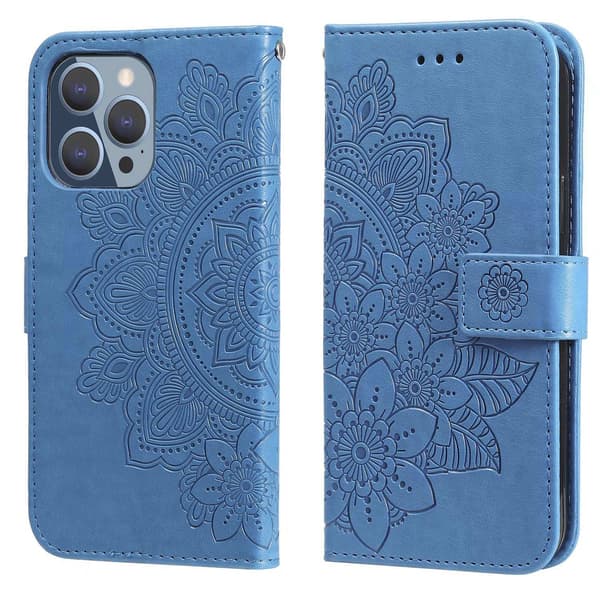 Fodral för iPhone 14PLUS blå mandala läder kortplats flip stativ