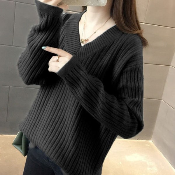 Kvinnor Stickat Höst Vinter Tröja Pullover V-ringad botten Lös Lazy Style Långärmad Black Average size