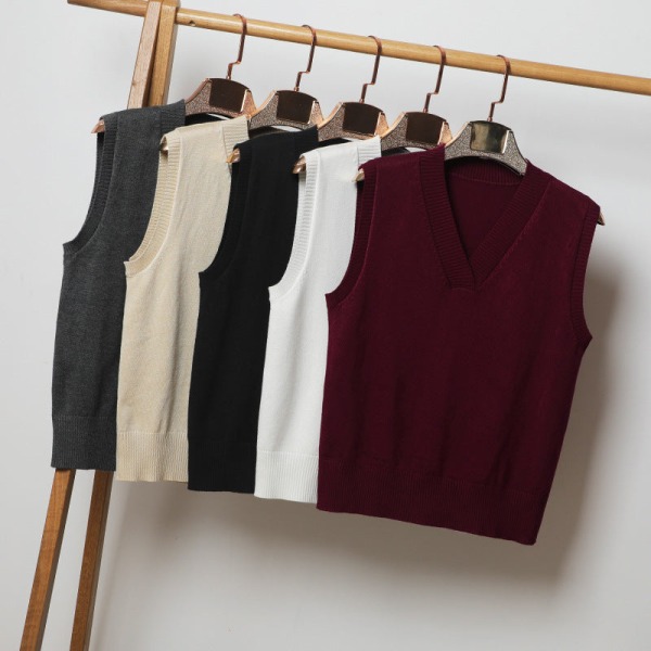 Kvinder Strik Efterår Vinter Sweater V-hals Pullover Vest Jakke Top Ærmeløs Yderbeklædning Tynd Wine Red L